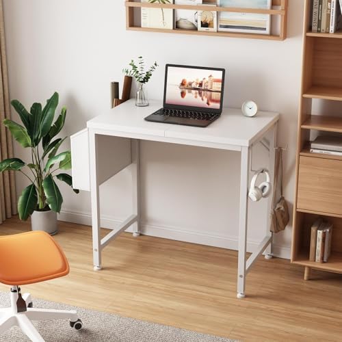 Lufeiya Small White Desk for Small Spaces, 24 Inch Kids Girls Study Writing Mini Desks for Bedroom, Simple Modern Laptop PC Little Side Table with Storage Bag Headphone Hook, White - Image 2