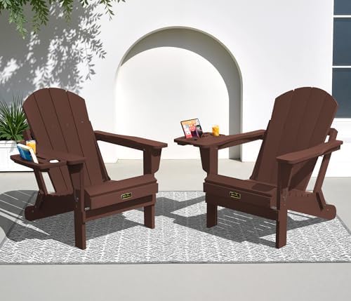 SERWALL Folding Adirondack Chair with Cup Holder, Outdoor Patio Chair, Coffee, Set of 2 by SERWALL