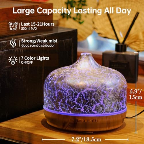 Porseme 500ml Glass Essential Oil Diffuser Aromatherapy Ultrasonic Cool Mist Humidifier 15-21 Running Hours Waterless Auto-Off Air Diffusers for Sleeping Yoga Working Spa(Silver Plated) - Image 3
