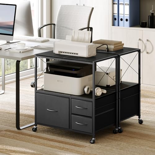 MAHANCRIS File Cabinet with Charging Station, 3 Drawer Lateral Filing Cabinet for Home Office, Mobile Printer Stand with Open Shelf, Fits A4/Letter Size File, Nonwovens Drawer, Black FCHB98E01 - Image 2