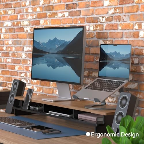 42.5” Dual Monitor Stand Desk Shelf with Phone Tablet Holder - Image 4