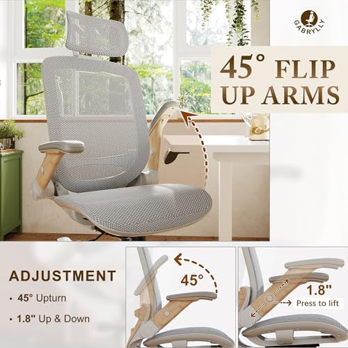 GABRYLLY Ergonomic Office Chair, High Back Home Desk Chair with Flip-Up Arms, Headrest, 90-120° Tilt and Wide Cushion, 300LBS White Mesh Chair for Work Gaming Study (GY01-NT, Woodgrain Pattern) - Image 4