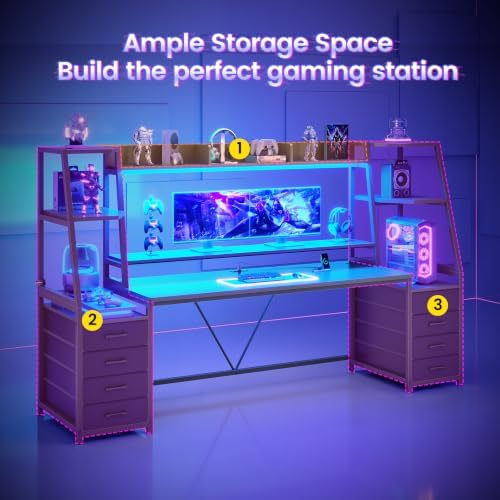SEDETA Gaming Desk with LED Lights, 8 Drawers and Storage Shelves, Black - Image 3