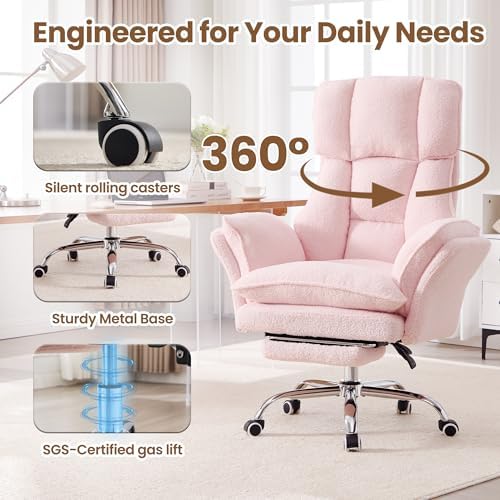 Big and Tall Office Chair with Flip Arms and Footrest, Teddy Criss Cross Legged Home Office Desk Chair with Pet Seat, Comfy Reclining Computer Gaming Chair, Pink - Image 4