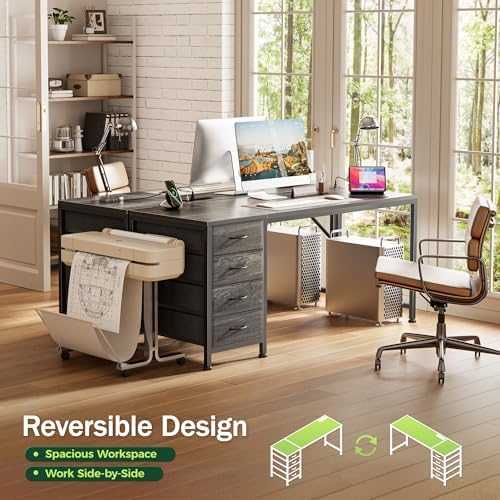 PRAISUN 55.1 Inch Computer Office Desk with Power Outelts and USB-C Port, Reversible Gaming Desk with 4 Fabric Drawers, Work Study Desk Work from Home, Grey - Image 4
