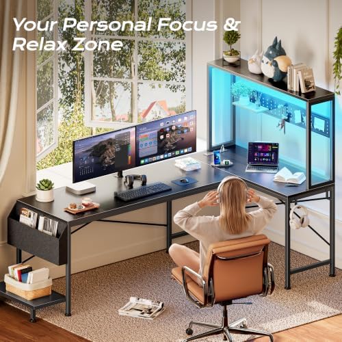 PRAISUN L Shaped Gaming Desk with LED Lights & Power Outlets - Image 6