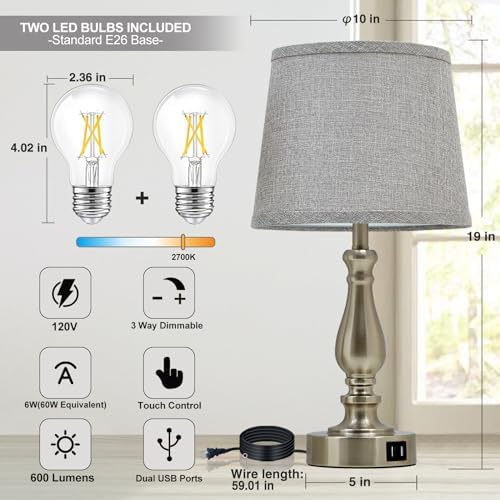 EJIAXIN Table Lamps for Bedroom Set of 2,Dimmable Touch Bedside Lamps with Dual USB A+C Ports - Nightstand Lamp for End Table Modern Night Stand Lamps for Living Room Guest Room - Image 3
