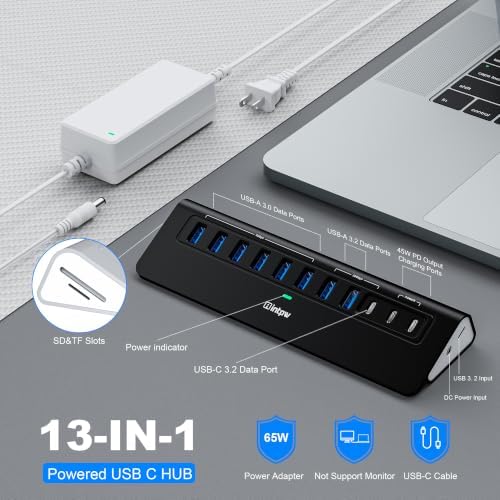 Powered USB Hub 10Gbps, Intpw YH9AC Plus 13-Port USB 3.2 Hub(USB A/USB C 3.2+6 USB-A 3.0+2 PD 45W Fast Charging Ports+SD/TF Card Reader), 65W Power Adapter,Aluminum USB HUB for PC,Laptop,iPhone 17/16 - Image 2