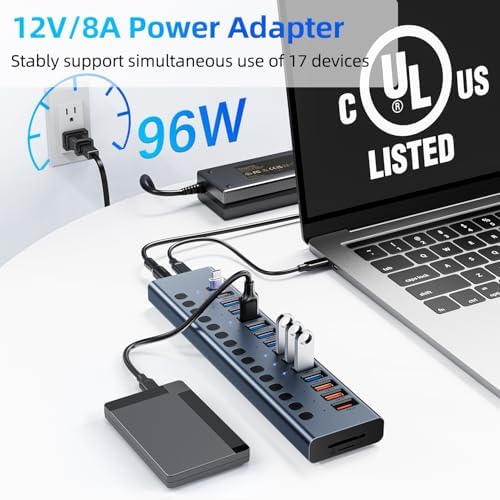 VANGREE Powered USB Hub 10Gbps, 17 Ports USB 3.2 Hub, 96W Power Adapter - Image 5
