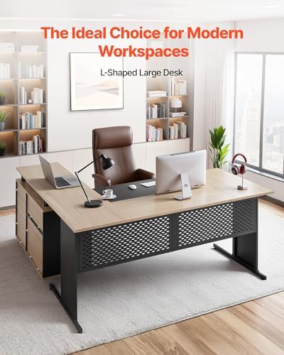 VEVOR 63" L-Shaped Executive Desk, Large Office Desk with Drawers, File Storage Cabinet, Detachable 350 LBS Load Capacity Corner Table, Easy Assembly, Business Furniture Workstation for Home Office - Image 3