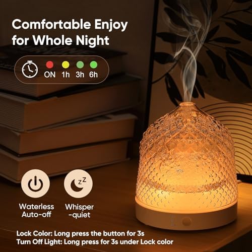 Lecdura Glass Essential Oil Diffuser, 200ml Ultrasonic Aroma Diffusers with Glass Reservoir Dome & White Plastic Base Lock Color Auto-Off Timer 7 Color Light for Home Office Bedroom Yoga - Image 4