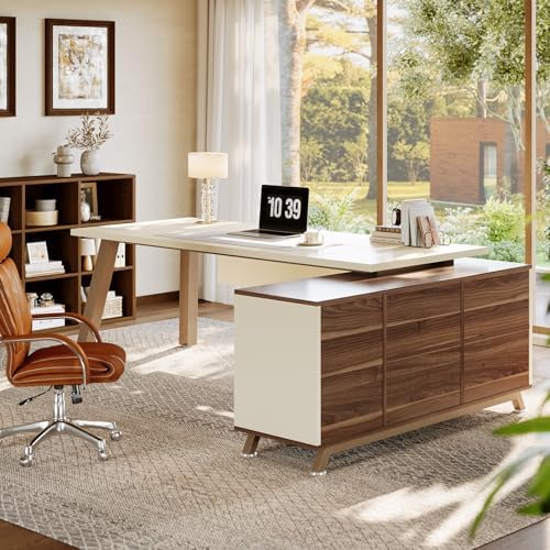Tribesigns 78.7" L-Shaped Executive Desk, Modern Office Desk with File Drawers & Storage Shelves, Large Computer Desk with 55-Inch Cabinet, Business Workstation for Home Office, Beige & Walnut - Image 4