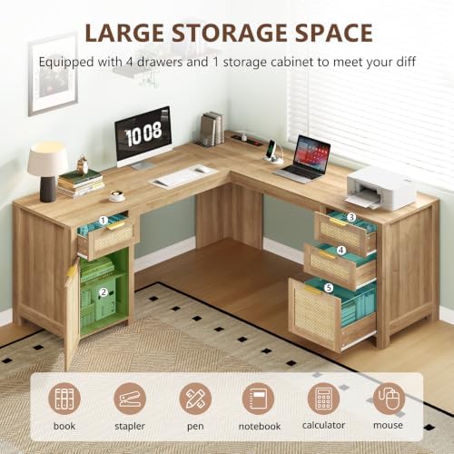 59" Rattan L Shaped Desk with Drawers & Storage Cabinet for Home Office - Image 4