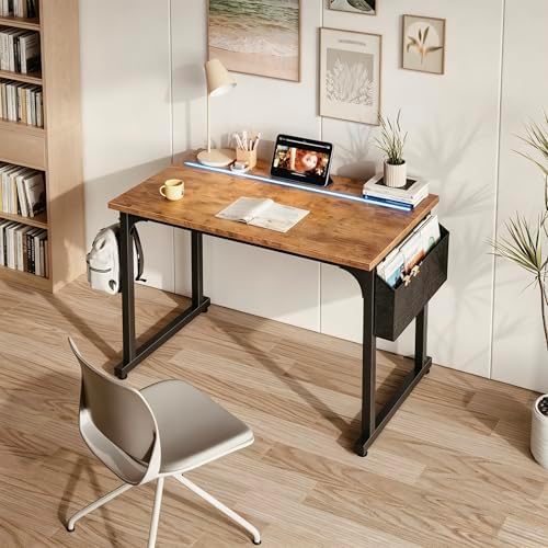 DurayLoly 32" Gaming Desk with Waterproof LED Lights for Bedroom,Brown - Image 3
