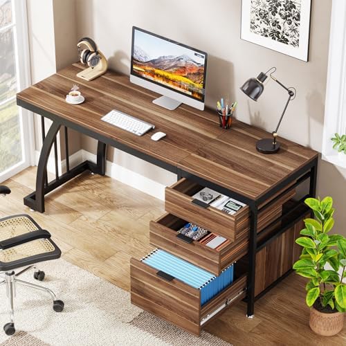 Tribesigns Computer Desk with 3 Drawers, 59-Inch PC Desk with Reversible Drawers, Industrial Study Writing Table Workstation with File Storage for Home Office, Walnut - Image 3