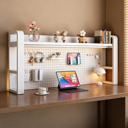 2/3/4 Tier Desktop Bookshelf with Pegboard and Storage Parts, Metal Desktop Organizer Hutch, Desk Shelves for Top of Desk, Shelf Organizer Display Rack for Dorm Home(White,2-Tier L21.6in) by Unknown