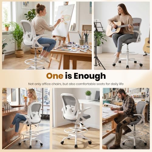 Ergonomic Drafting Chair with Flip-Up Armrests & Adjustable Footrest – Tall Office Chair for Standing Desks, Lumbar Support, Gray – Home & Office Comfort - Image 5