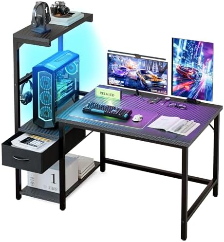 Grandder Gaming Desk 47 Inch with CPU Stand and LED Light, Computer Desk with Reversible Shelves and Storage Drawer, Pc Small Desk for Home Office Table with Bag, Carbon Fiber Black by Grandder