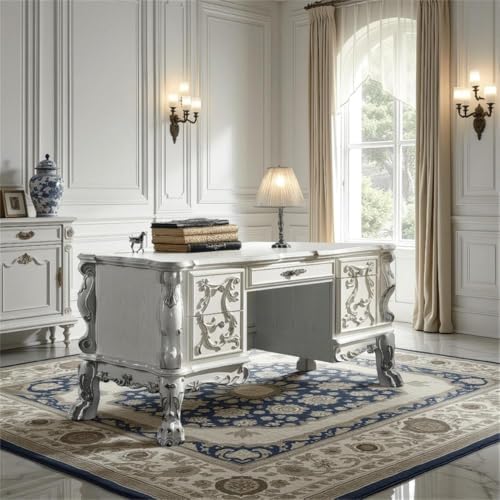 Pemberly Row 75" Wood Office Desk, Bone White Finish, Floral Carvings, Hand-Brushed Silver Accents, 5 Felt-Lined Drawers, Sturdy Claw Feet, Traditional Executive Style, Home Office Workspace - Image 2