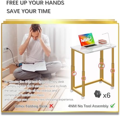 4NM No Tool Assembly 23.6" Small Desk, Folding Portable Desk with Wheels, Adjustable Height Foldable Computer Home Office Desks, Collapsible Study Writing Table for Space Saving Bedroom - White Gold - Image 5