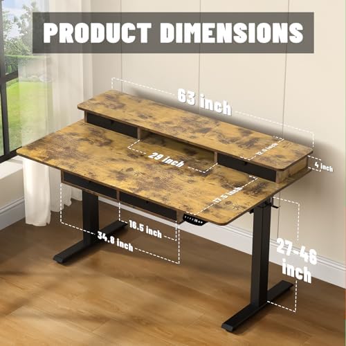 Electric Standing Desk, 63 * 30 Inches Adjustable Height with 4 Drawers, Double Storage Shelves Stand Up Desk, Home Office Workstation Sit Stand up Desk (Rustic Brown) - Image 3