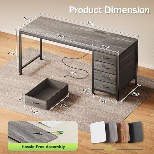 PRAISUN 55.1 Inch Computer Office Desk with Power Outelts and USB-C Port, Reversible Gaming Desk with 4 Fabric Drawers, Work Study Desk Work from Home, Grey - Image 3