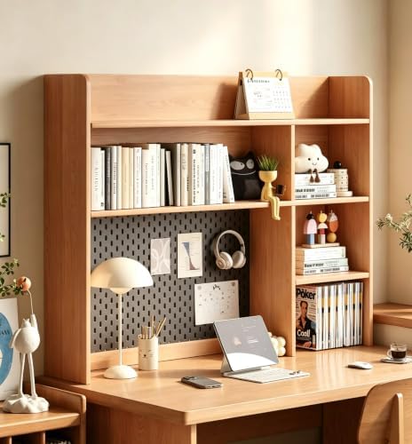 37 L Dorm Desk Hutch Natural Wood Finish, Desktop Bookshelf with 5 Shelves by Unknown