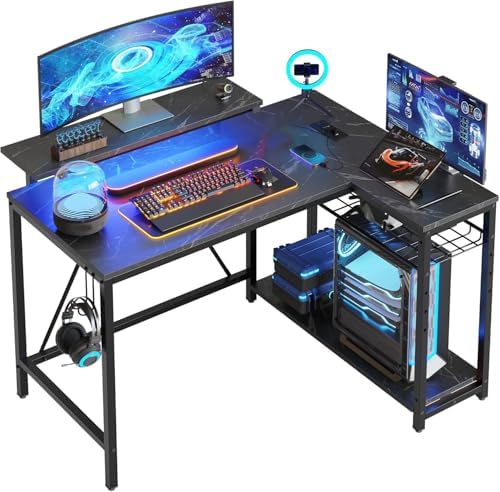 Bestier 42-Inch L-Shaped Gaming Desk with Charging & LED, Marble Black by Bestier