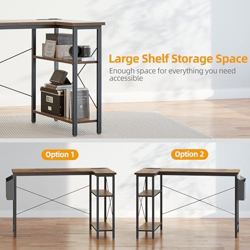 TIQLAB Small Computer Desk with Power Outlets, 40 Inch L Shaped Desk with Reversible Shelves, Gaming Desk Corner Desk Study Writing Desk for Home Office Bedroom Small Space, Rustic Brown - Image 4