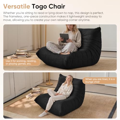 Adults Bean Bag Chairs Togo Couch Comfy Lazy Floor Sofa, Black,1 Seater - Image 4