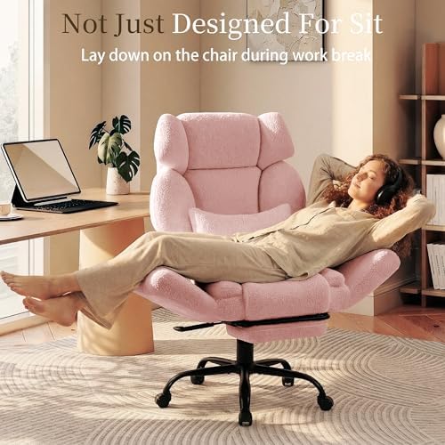 Office Chair with Flip Armrests,Big and Tall Office Chair with Foot Rest,Extra Wide Seat & Lumbar Pillow,Comfy Criss Cross Chair for Pets Sitting,Ergonomic Computer Gaming Chair,Teddy Fleece,Pink - Image 7