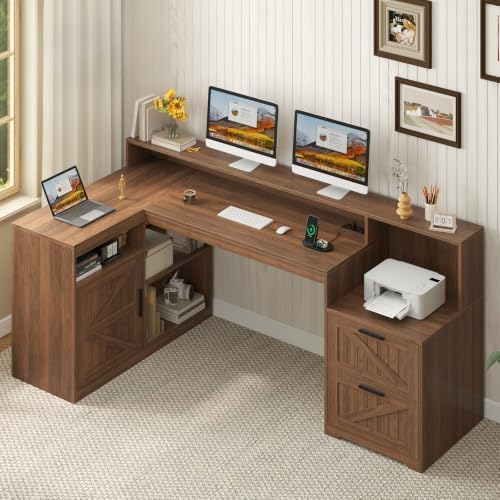 63" Farmhouse L Shaped Desk with Drawers and Printer Stand for Home Office by TVU