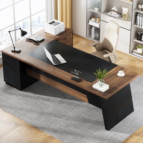 Tribesigns 78" L-Shaped Executive Desk, Large Office Desk with Drawers and File Cabinet, Modern Business Furniture for Home Office (Light Walnut + Black) - Image 3