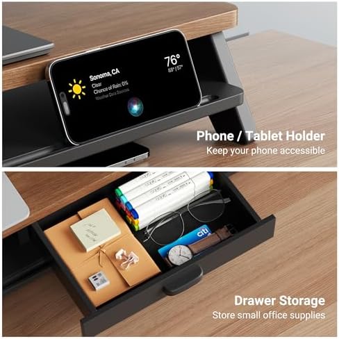 AFOOYO Dual Monitor Stand Riser,LED 2-Tier 39.3 Inch Computer Monitor Stand for 2 Monitors,Office Desktop Organizer with Storage Drawer and Phone Holder for Laptop,PC,Computer,Printer,Walnut - Image 4