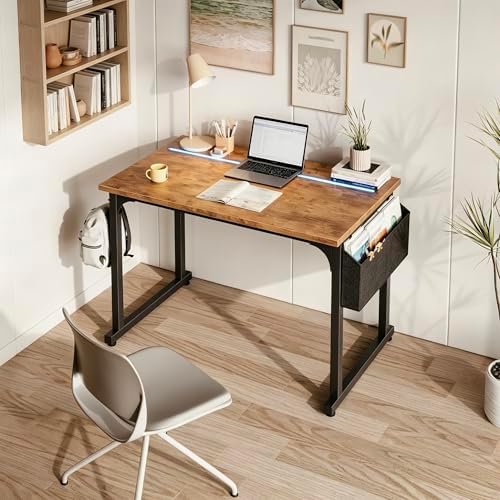 DurayLoly 40" Computer Desk with Waterproof LED Lights for Bedroom,Brown - Image 3