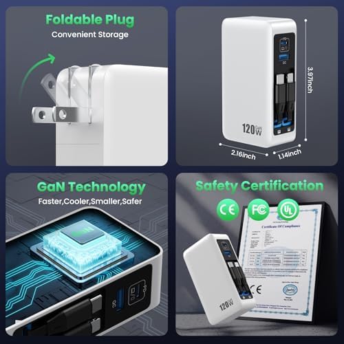120W USB C Charger Block with 2 Built-in Retractable Cables,4-in-1 GaN IV Foldable Plug Wall Charger Fast Charging Station,PD 65W Laptop Adapter for MacBook/iPad,iPhone 17/16/15/14,Galaxy,Android etc - Image 4