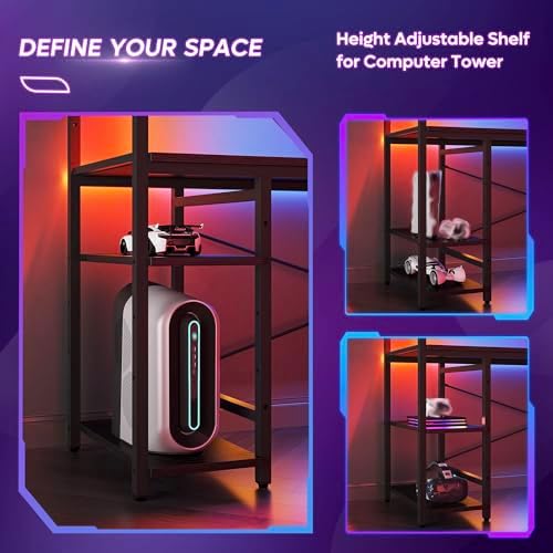 Bestier 61 Inch Gaming Desk with LED Lights, Reversible Shelves, Height Adjustable Shelf, Steel Frame, CARB P2 Class Board, Black 3D Carbon Fiber - Image 6