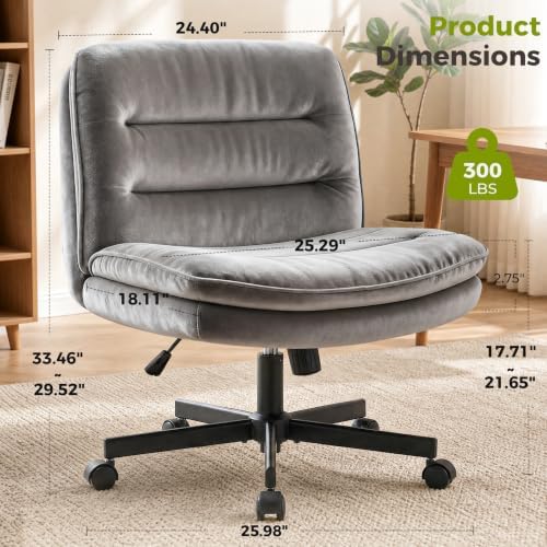 GTPLAYER Cross Legged Office Chair, Armless Desk Chair Cute Vanity Chair with Wheels Computer Chair Comfy Wide Office Chair Adjustable Swivel for Home Computer Task,Soft Velvet, Dark Grey - Image 2