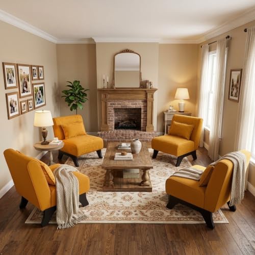 Upholstered Armless Accent Chair Set of 4,Modern Comfy Living Room Chairs with Wooden Legs& Pillows,Lounge Sofa Side Chair for Bedroom Farmhouse Reading (4 PCS, Yellow) by womina