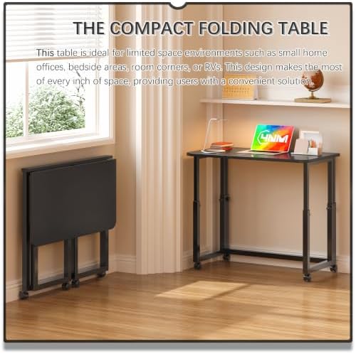 4NM No Tool Assembly 31.5" Small Desk, Folding Portable Desk with Wheels, Adjustable Height Foldable Computer Home Office Desks, Collapsible Study Writing Table for Space Saving Bedroom - All Black - Image 3