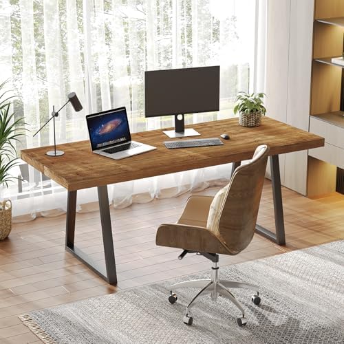 63" Industrial Executive Desk, Solid Wood Computer Laptop Desk with Strong Metal Legs, Study Writing Table Business Workstation for Home Office, Small Conference Table - Image 7