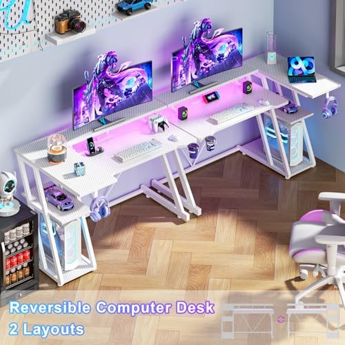 Korfile 40 Inch Gaming Desk with Power Outlet & LED Lights, L Shaped Computer Gaming Table with 3 Tiers Storage Shelves, Corner Gamer Desk with Monitor Stand for Small Space, Carbon Fiber White - Image 3
