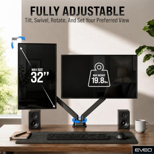 EVEO Premium Dual Monitor Mount 14"-32” Dual Monitor Arm VESA Bracket Adjustable Height Gas Spring Dual Monitor Stand, Screen Full Motion Dual Monitor Arm-Computer Monitor Stand for 2 Screens - Black - Image 3