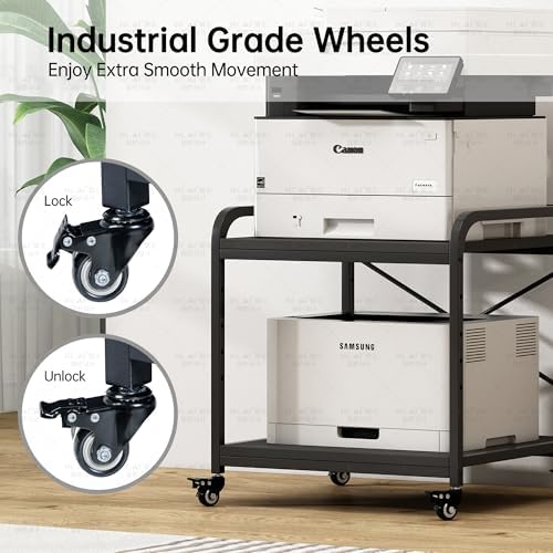 Fannova 2 Tier Under Desk Printer Stand with Storage, 20 Inches Deep Large Printer Table with Height Adjustable Shelf, Rolling Printer Cart with Wheels for Home Office - Black - Image 6