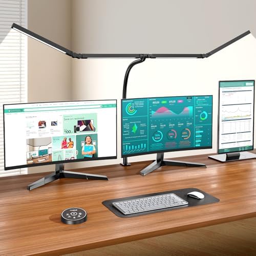 Pzloz Led Desk Lamps for Home Office - Eye Caring Architect Lamp with Clamp, Double Head Computer Monitor Work Desk Light with Remote Control: 24W Flexible Dimmable Desktop Table Lamp by LedDeskLamp-Pzloz