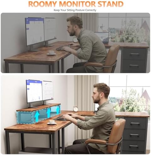 Korfile 66 inch L Shaped Computer Desk with Power Outlets, Rustic Brown - Image 6