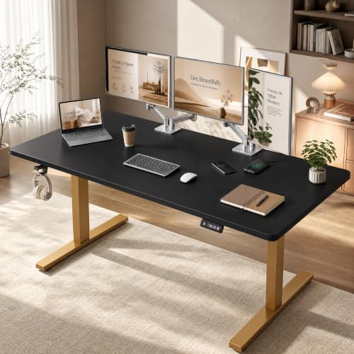 Grandder 55x32 Extra-Deep Electric Standing Desk, Wide Desktop Fits 49" Ultrawide Monitor+Dual Screens, 176 lbs Capacity, 2 Memory Presets, Anti Collision, Computer Desk, Black Top&Gold Frame - Image 2