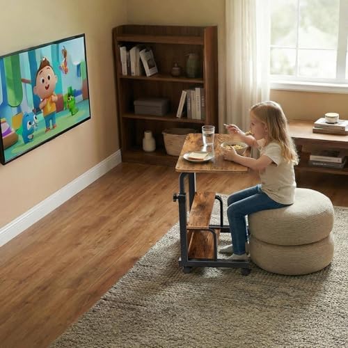 WINAZ C Shaped Rolling Laptop Desk - 24" Rustic Brown Mobile Desk with Wheels for Small Spaces, Height Adjustable Overbed Table with 2-Tier Storage Shelves - Image 4