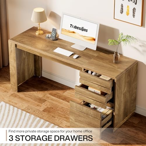 Tribesigns 55-Inch Computer Desk with 3 Drawers, Farmhouse Home Office Desk with Adjustable File Cabinet, Study Table Office Workstation, Walnut Brown - Image 3