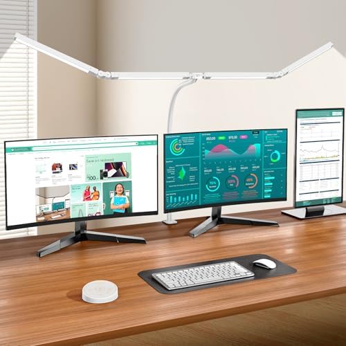 Pzloz Led Desk Lamp with Clamp: Architect Desk Lamp for Home Office, Eye Caring Double Head Computer Monitor Work Desk Light with Remote Control - 24W Flexible Dimmable Desktop Table Lamp White by LedDeskLamp-Pzloz